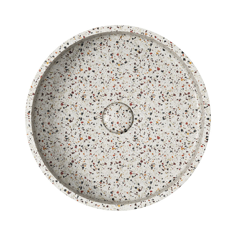 Fienza Jada Concrete Round Basin Above Counter 390 x 120mm Terrazzo, Gloss White