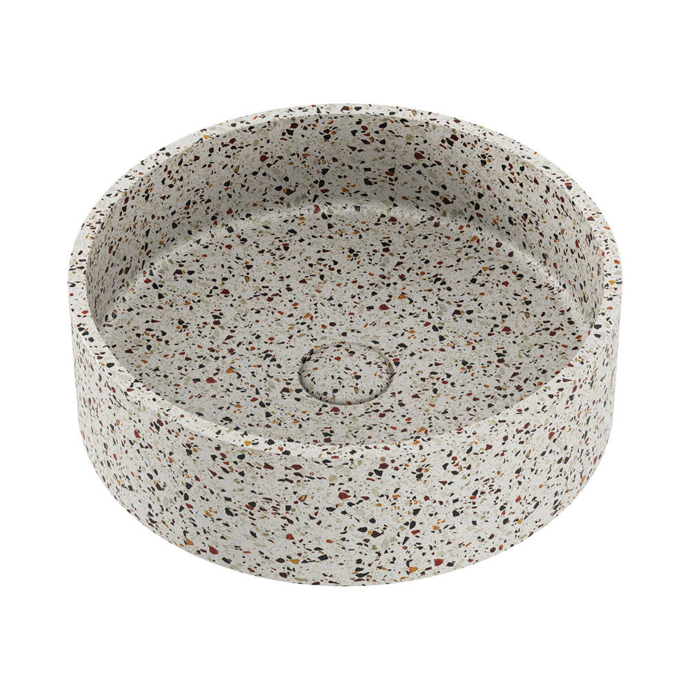 Fienza Jada Concrete Round Basin Above Counter 390 x 120mm Terrazzo, Gloss White