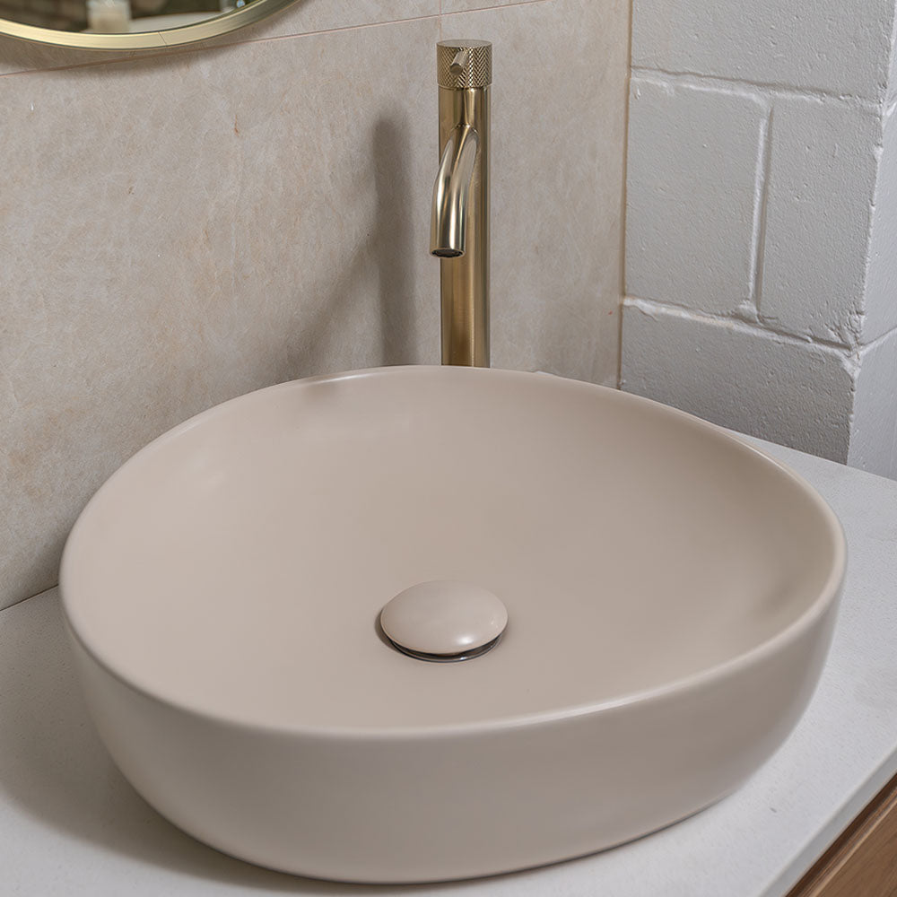 Fienza Pebble Small Slim Edge Basin Ceramic 400mm Above Counter, Matte Khaki