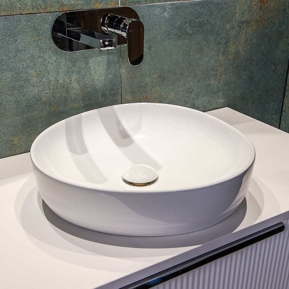 Fienza Pebble Small Slim Edge Basin Ceramic 400mm Above Counter, Gloss White