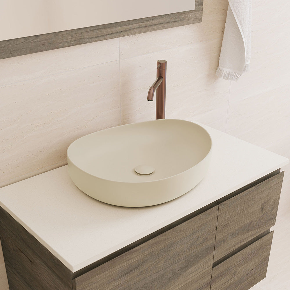 Fienza Pebble Medium Slim Edge Basin Ceramic 500mm Above Counter, Matte Khaki