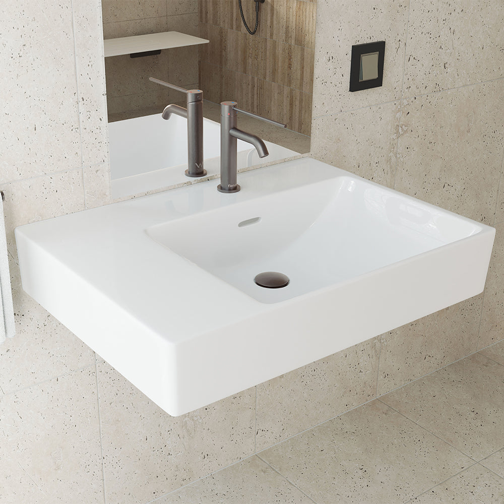 Fienza Tono 600 Wall Hung Basin Right Hand Bowl Ceramic 1TH 600 x 440 x 110mm, Gloss White