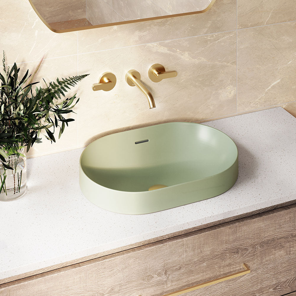 Fienza Aluca Pill Semi-Inset Basin Ceramic with Overflow, Matte Olive