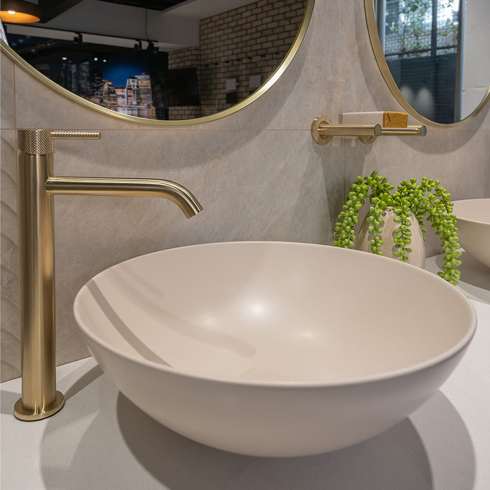 Fienza Aluca Slim Edge Basin 400mm Ceramic Above Counter, Matte Khaki