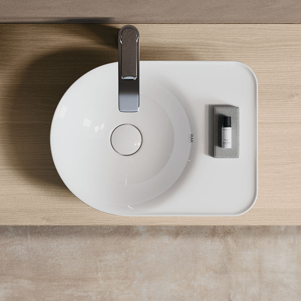 Fienza RAK Valet Above Counter Round Bowl Basin 480 x 360mm No Overflow, Alpine Gloss White