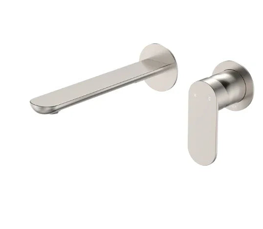 Fienza Empire Slim Basin/Bath Wall Mixer Set, Round Plates, 200mm Outlet, Brushed Nickel