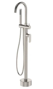 Fienza Empire Slim Floor Mounted Bath Mixer with Hand Shower, Brushed Nickel
