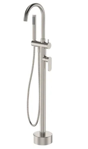 Fienza Empire Slim Floor Mounted Bath Mixer with Hand Shower, Brushed Nickel