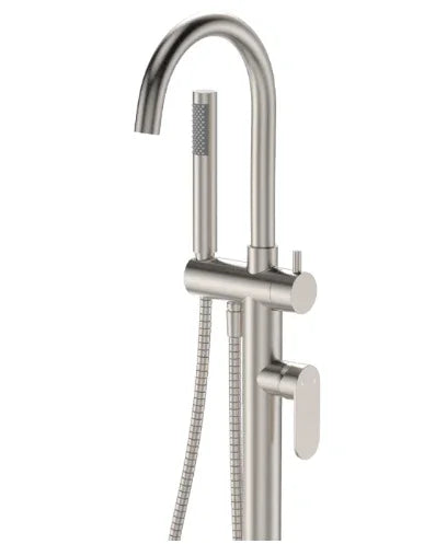 Fienza Empire Slim Floor Mounted Bath Mixer with Hand Shower, Brushed Nickel