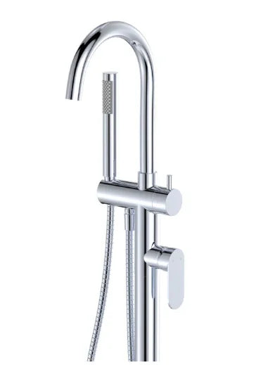 Fienza Empire Slim Floor Mounted Bath Mixer with Hand Shower, Chrome