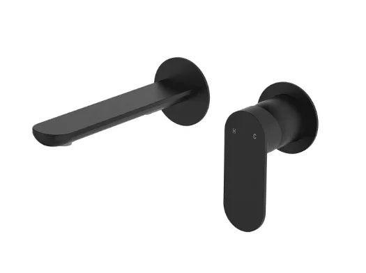 Fienza Empire Slim Basin/Bath Wall Mixer Set, Round Plates, 160mm Outlet, Matte Black
