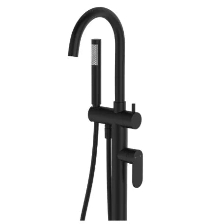 Fienza Empire Slim Floor Mounted Bath Mixer with Hand Shower, Matte Black