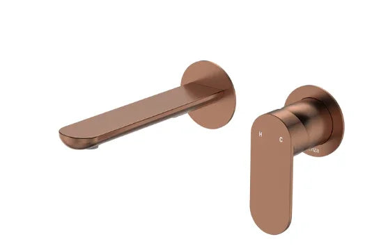 Fienza Empire Slim Basin/Bath Wall Mixer Set, Round Plates, 160mm Outlet, Brushed Copper