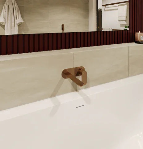 Fienza Empire Slim Basin/Bath Wall Mixer Set, Round Plates, 160mm Outlet, Brushed Copper
