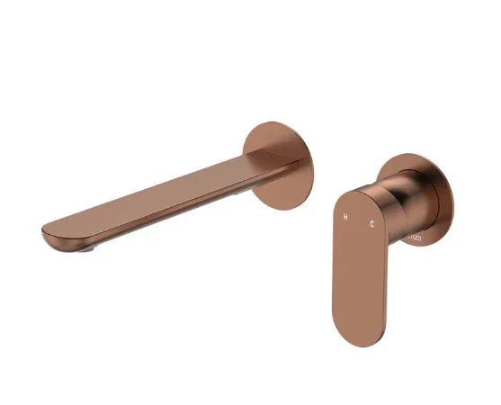 Fienza Empire Slim Basin/Bath Wall Mixer Set, Round Plates, 200mm Outlet, Brushed Copper