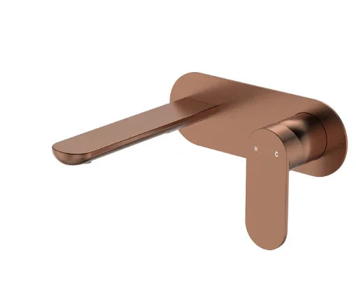 Fienza Empire Slim Basin/Bath Wall Mixer Set, Oval Plate, 160mm Outlet, Brushed Copper