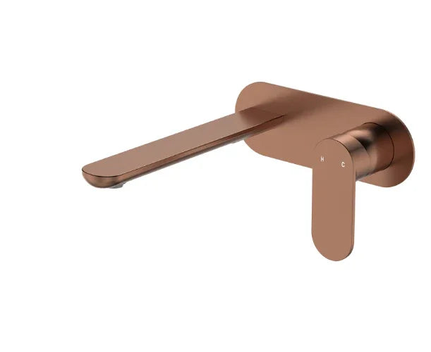 Fienza Empire Slim Basin/Bath Wall Mixer Set, Oval Plate, 200mm Outlet, Brushed Copper