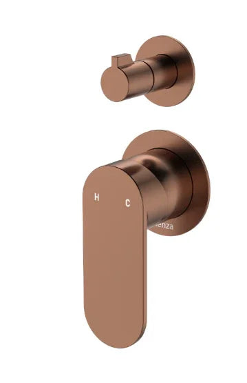 Fienza Empire Slim Wall Diverter Mixer, Small Round Plates, Vertical, Brushed Copper