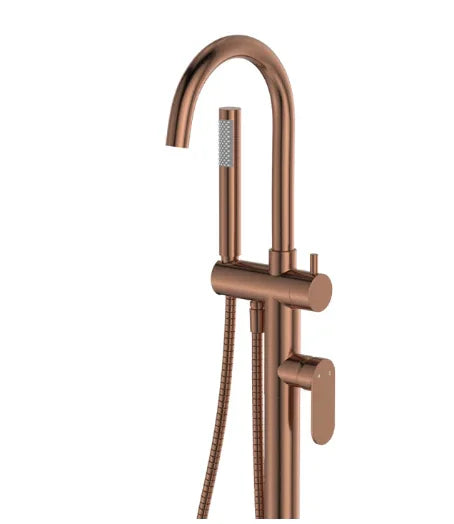 Fienza Empire Slim Floor Mounted Bath Mixer with Hand Shower, Brushed Copper