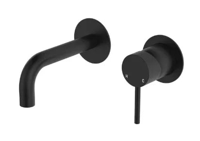 Fienza Kaya Basin/Bath Wall Mixer Set, Round Plates, 130mm Outlet, Matte Black