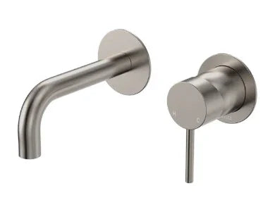 Fienza Kaya Basin/Bath Wall Mixer Set, Round Plates, 130mm Outlet, Brushed Nickel