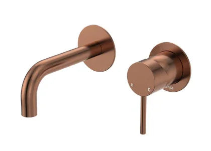 Fienza Kaya Basin/Bath Wall Mixer Set, Round Plates, 130mm Outlet, Brushed Copper