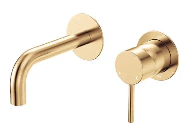 Fienza Kaya Basin/Bath Wall Mixer Set, Round Plates, 130mm Outlet, Urban Brass