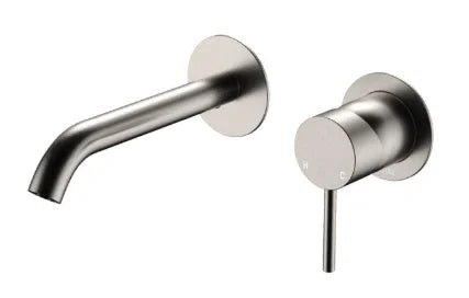 Fienza Kaya Basin/Bath Wall Mixer Set, Round Plates, 160mm Outlet, Brushed Nickel