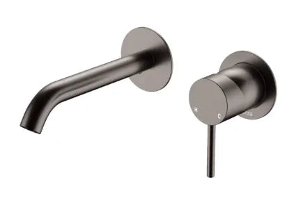 Fienza Kaya Basin/Bath Wall Mixer Set, Round Plates, 160mm Outlet, Gun Metal