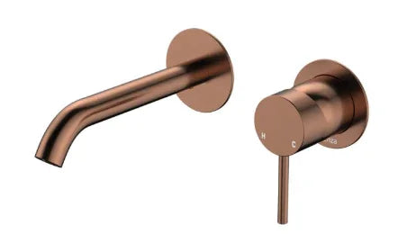 Fienza Kaya Basin/Bath Wall Mixer Set, Round Plates, 160mm Outlet, Brushed Copper
