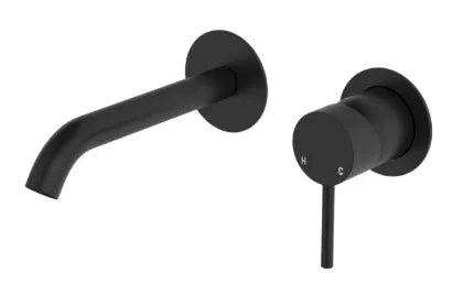 Fienza Kaya Basin/Bath Wall Mixer Set, Round Plates, 160mm Outlet, Matte Black