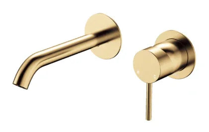 Fienza Kaya Basin/Bath Wall Mixer Set, Round Plates, 160mm Outlet, Urban Brass
