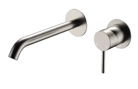 Fienza Kaya Basin/Bath Wall Mixer Set, Round Plates, 200mm Outlet, Brushed Nickel