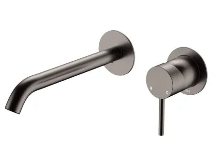 Fienza Kaya Basin/Bath Wall Mixer Set, Round Plates, 200mm Outlet, Gun Metal