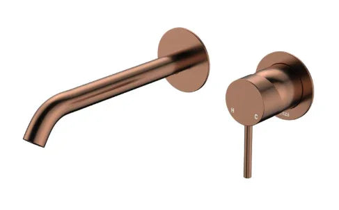 Fienza Kaya Basin/Bath Wall Mixer Set, Round Plates, 200mm Outlet, Brushed Copper