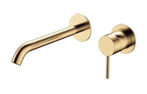 Fienza Kaya Basin/Bath Wall Mixer Set, Round Plates, 200mm Outlet, Urban Brass