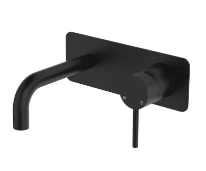 Fienza Kaya Basin/Bath Wall Mixer Set, Rectangular Plates, 130mm Outlet, Matte Black