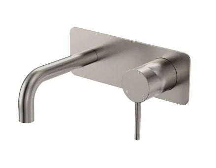 Fienza Kaya Basin/Bath Wall Mixer Set, Rectangular Plates, 130mm Outlet, Brushed Nickel