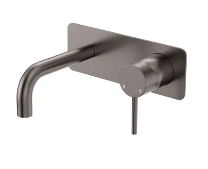 Fienza Kaya Basin/Bath Wall Mixer Set, Rectangular Plates, 130mm Outlet, Gun Metal