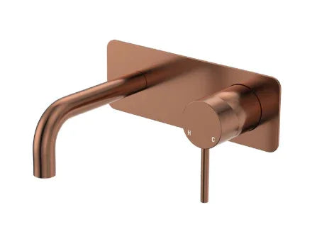 Fienza Kaya Basin/Bath Wall Mixer Set, Rectangular Plates, 130mm Outlet, Brushed Copper