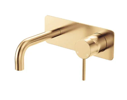 Fienza Kaya Basin/Bath Wall Mixer Set, Rectangular Plates, 130mm Outlet, Urban Brass