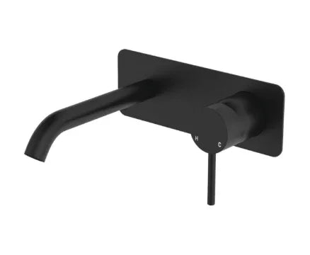 Fienza Kaya Basin/Bath Wall Mixer Set, Rectangular Plate, 160mm Outlet, Matte Black