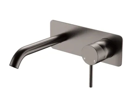 Fienza Kaya Basin/Bath Wall Mixer Set, Rectangular Plate, 160mm Outlet, Gun Metal