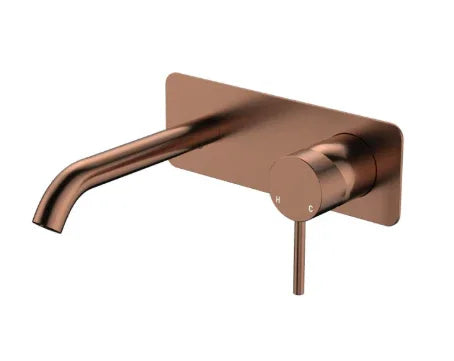 Fienza Kaya Basin/Bath Wall Mixer Set, Rectangular Plate, 160mm Outlet, Brushed Copper