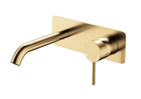 Fienza Kaya Basin/Bath Wall Mixer Set, Rectangular Plate, 160mm Outlet, Urban Brass