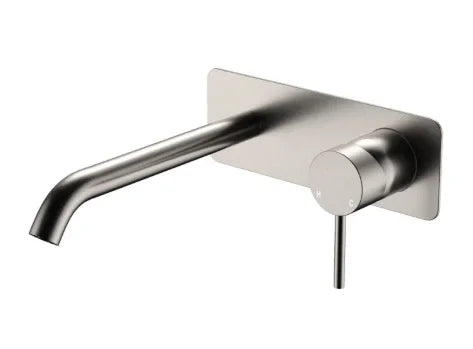 Fienza Kaya Basin/Bath Wall Mixer Set, Rectangular Plate, 200mm Outlet, Brushed Nickel