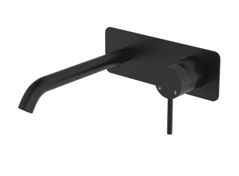 Fienza Kaya Basin/Bath Wall Mixer Set, Rectangular Plate, 200mm Outlet, Matte Black