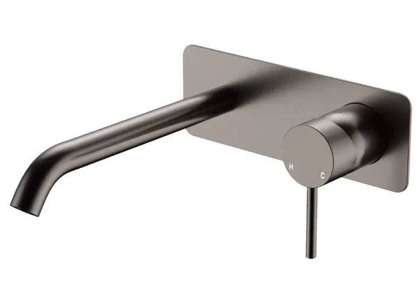 Fienza Kaya Basin/Bath Wall Mixer Set, Rectangular Plate, 200mm Outlet, Gun Metal