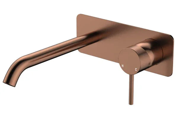 Fienza Kaya Basin/Bath Wall Mixer Set, Rectangular Plate, 200mm Outlet, Brushed Copper