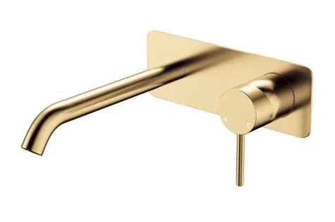 Fienza Kaya Basin/Bath Wall Mixer Set, Rectangular Plate, 200mm Outlet, Urban Brass